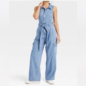 Universal Thread Light Wash Denim Jumpsuit with Belt - size 8
